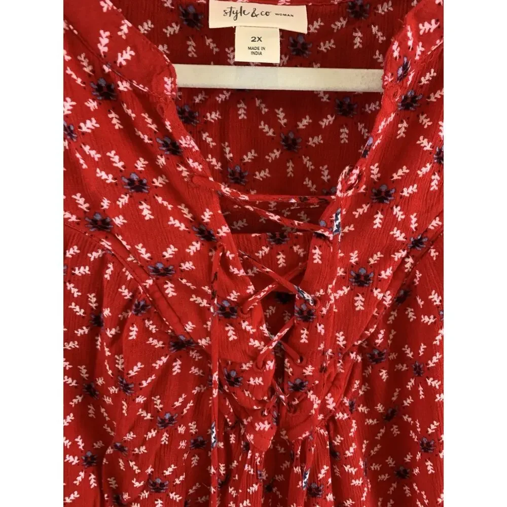 Style & Co. Top Shirt Blouse Sleeveless Boho Rayon Red Blue Size 2X